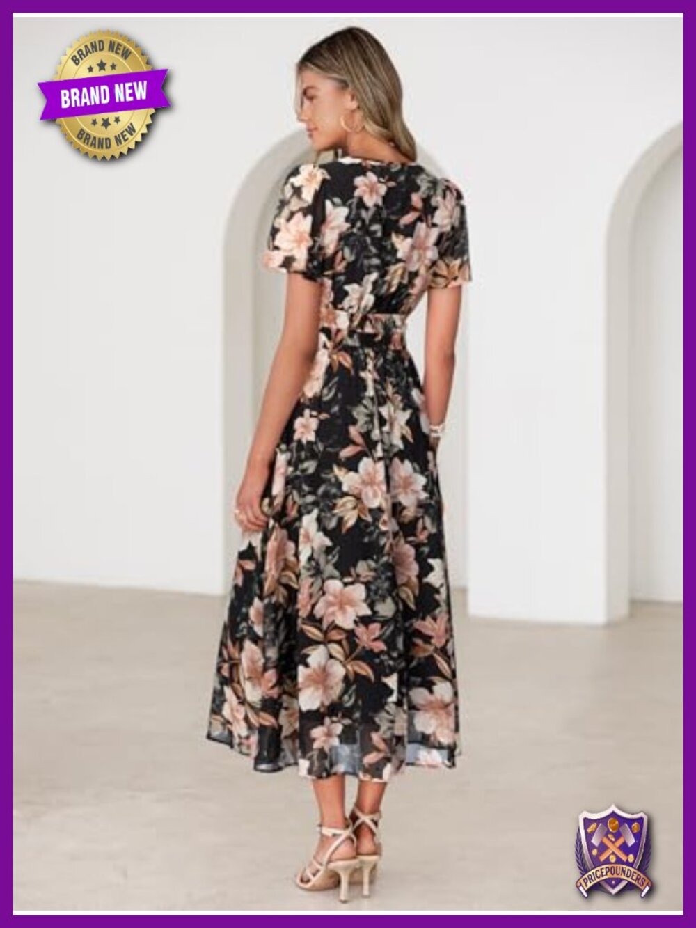 Women Floral Summer Maxi Dress Boho Flowy Casual Chiffon Short Sleeves V Neck - Picture 3 of 6